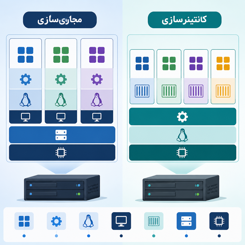 مجازی‌سازی مقابل کانتینر: مقایسه فنی، عملکرد و راهبرد استقرار